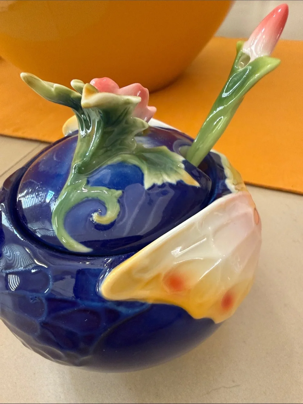 Pier 1 Blue Floral Ceramic Bowl with Pink Flower Chip Rest and Blue Spoon